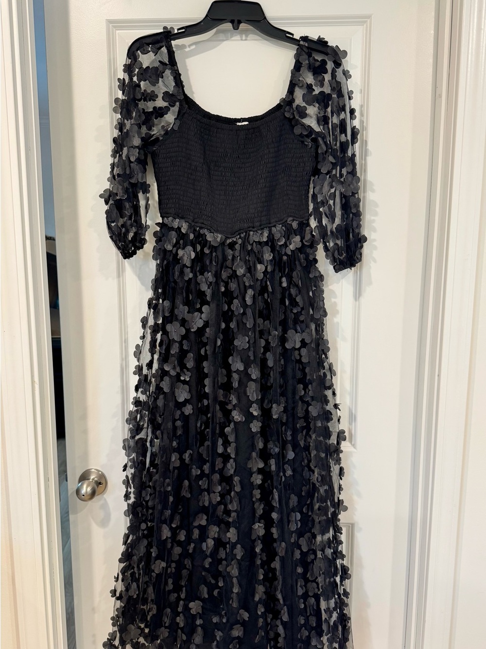 Black Floral Appliqué Mesh Maxi Dress